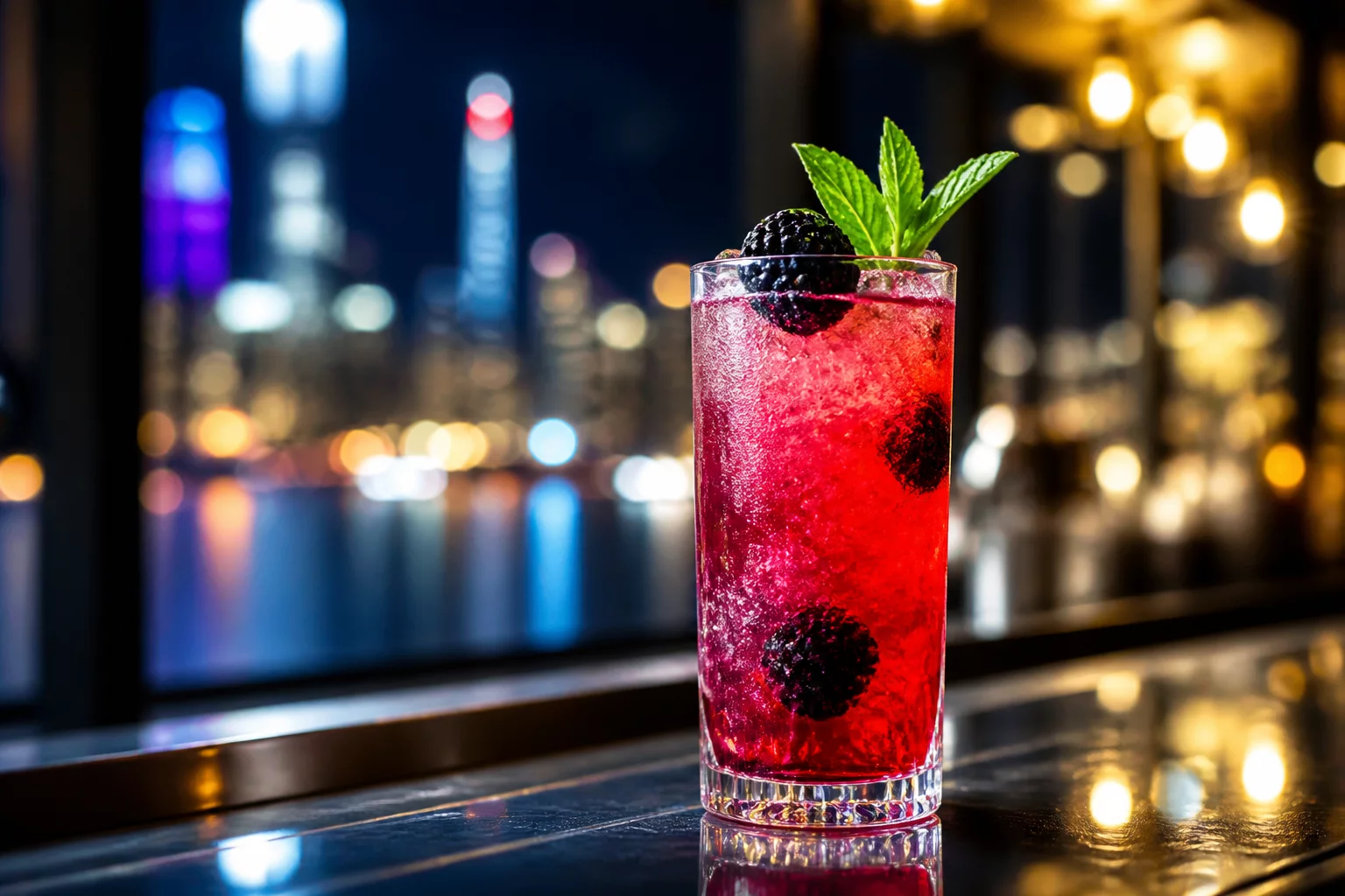 Sophisticated nighttime rooftop lounge atmosphere